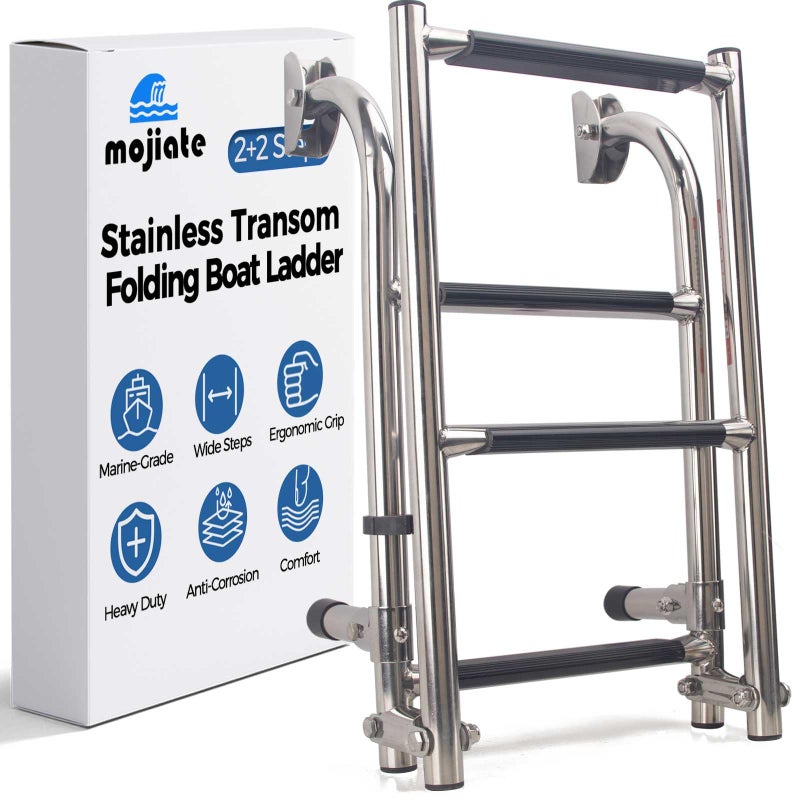 Mojiate Folding 4 Steps Boat Ladder Stainless Steel Marine Pontoon 2+2 Step for Marine Boat Yacht - Image 1